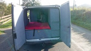 A view of the bland backdoors of Stolga, my very first converted campervan. 