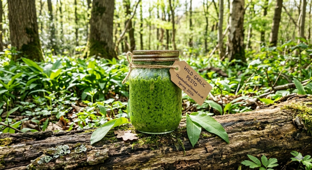 A glass jar filled with vibrant green wild garlic pesto sat on a mossy log in the forest, featuring a hand-written label and fresh garlic leaves.